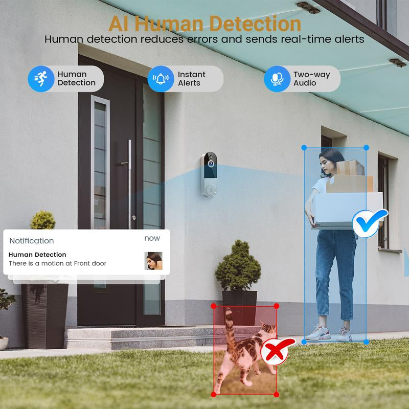 Doorbell Camera Wireless, Smart Wifi Video Doorbell, 1080P, Video Doorbell Camera with 2 Way Audio, AI Human Detection, Night Vision, Cloud Storage, Battery Powered, Easy Installation, 2.4G Wifi Only