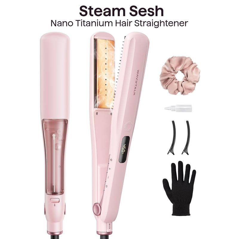 Wavytalk Steam Sesh Hair Straightener, Nano-Titanium Straightening Brush with Detachable Comb & 1.38'' Wide Plate for Frizz-Free, Shiny Hair