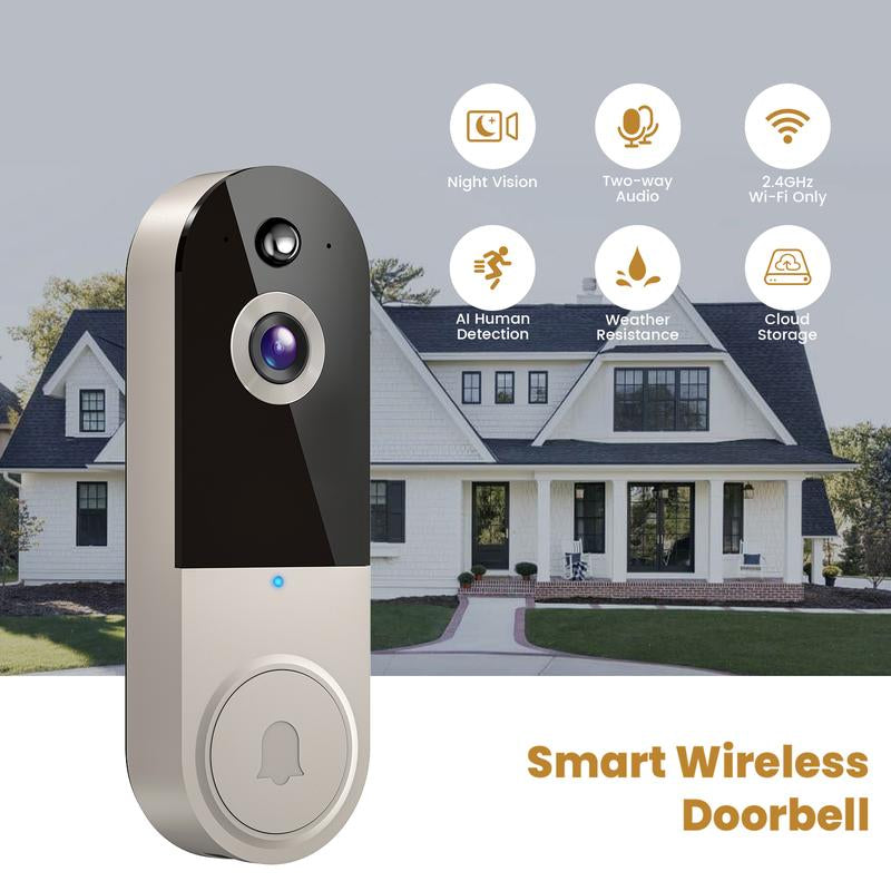 Doorbell Camera Wireless, Smart Wifi Video Doorbell, 1080P, Video Doorbell Camera with 2 Way Audio, AI Human Detection, Night Vision, Cloud Storage, Battery Powered, Easy Installation, 2.4G Wifi Only